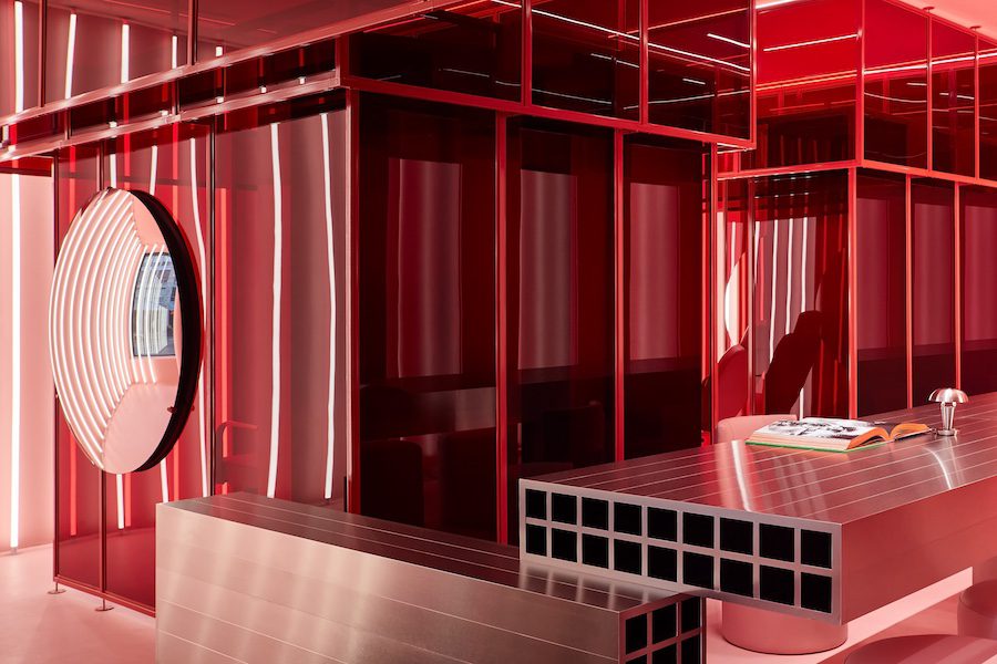 poutx injectables botox skincare skin clinic med spa red pink acrylic treatment rooms stainless steel reception desk